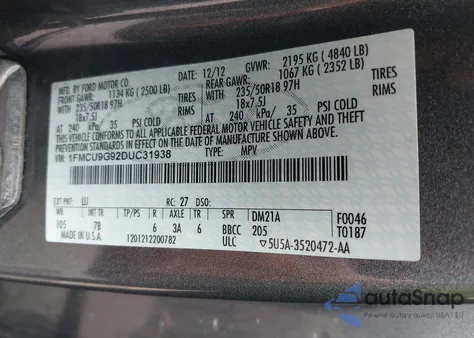 2013 Ford Escape Se z USA, uszkodzony, nr VIN 1FMCU9G92DUC31938